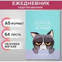 Ежедневник недатированный на склейке А5, 64 листа, мягкая обложка "Сердитый котик"