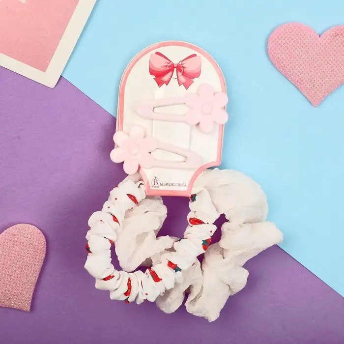 Набор для волос Набор для волос "Милица" 4 шт (невидимка 2 шт - 4 см, резинка 2 шт) клубнички, бело-розовый 929896