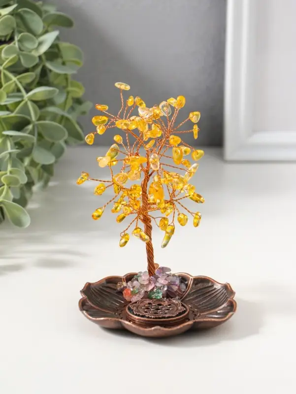 Подставка под благовония "Дерево на цветке" жёлтый 72 камня 9х9х13,5 см
