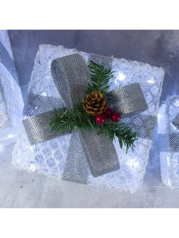 Светодиодная фигура &laquo;Подарки с серой лентой&raquo; 15, 20, 25 см, текстиль, металл, 220 В, свечение белое