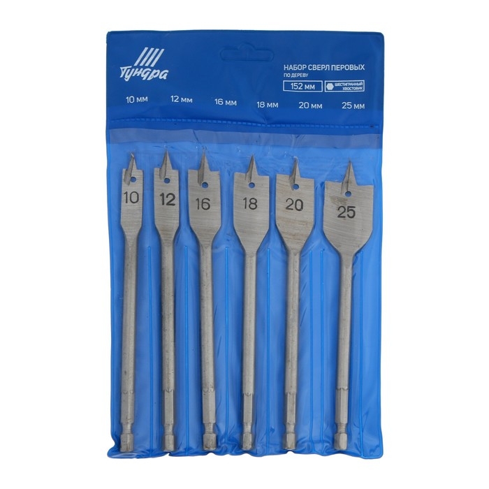 Набор сверл перовых ТУНДРА, шестигранный хвостовик, 10-12-16-18-20-25 мм, 6 шт. Набор сверл перовых ТУНДРА, шестигранный хвостовик, 10-12-16-18-20-25 мм, 6 шт.