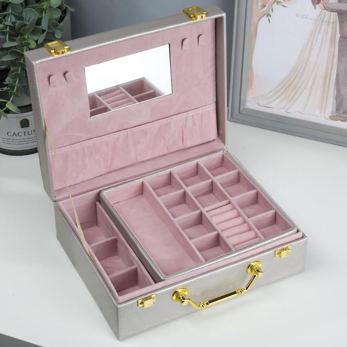 Шкатулка кожзам для украшений  Шкатулка кожзам для украшений "Стёганная" серебро 8,5х23,5х19 см