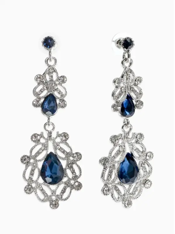 Серьги висячие со стразами &laquo;Грация&raquo;, резная, синие в серебре, 9 см