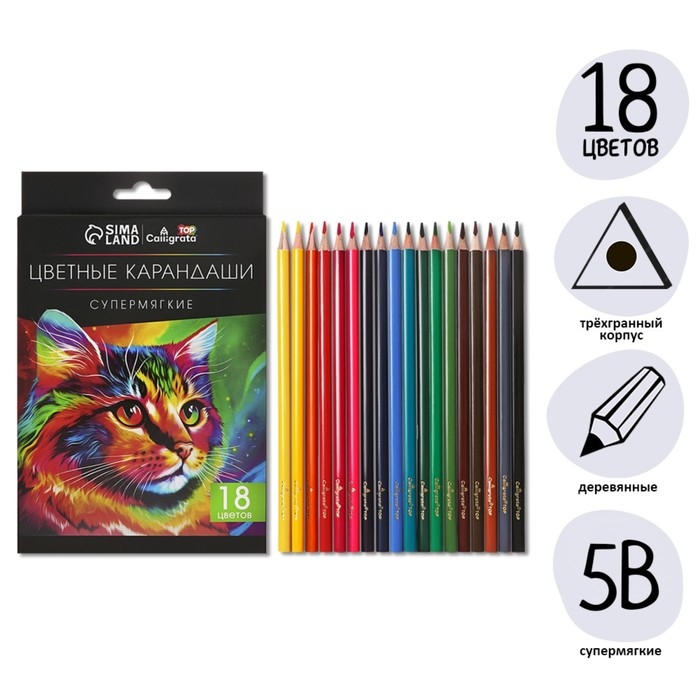 Карандаши 18 цветов TOP Calligrata, в картонной коробке, диаметр грифеля - 3мм, 5B Карандаши 18 цветов TOP Calligrata, в картонной коробке, диаметр грифеля - 3мм, 5B