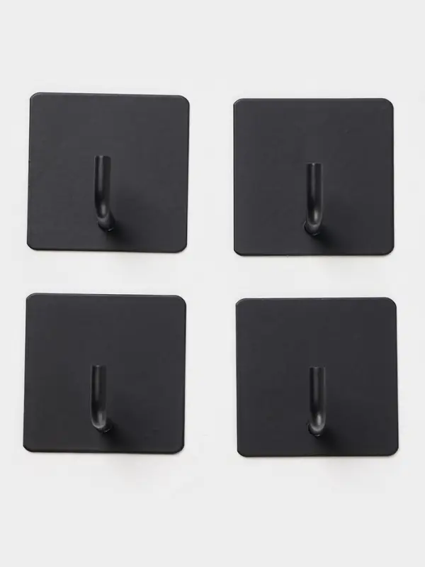 Набор крючков металлических на липучке 4 шт, квадрат, цвет черный