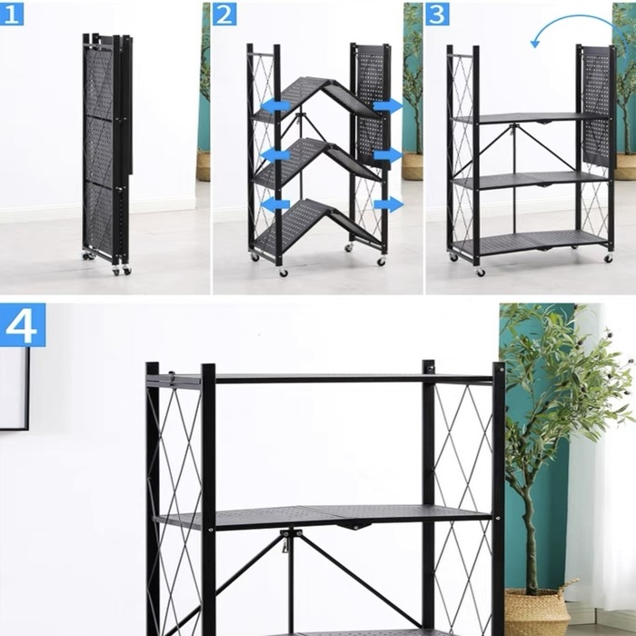 Стеллаж складной на колесах, 5 полок, 72×36×162,5см, цвет чёрный матовый