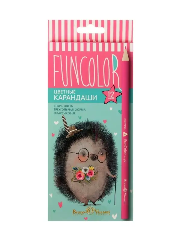 Карандаши цветные 12 цветов FunColor, пластиковые, трёхгранные, МИКС
