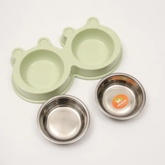 Миска металлическая двойная на пластиковой основе 2 х 160 мл, 28 х 15,5 х 4 см, зелёная Миска металлическая двойная на пластиковой основе 2 х 160 мл, 28 х 15,5 х 4 см, зелёная