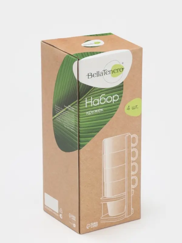 Набор кружек BellaTenero, 4 предмета: 200 мл, 9.6&times;7.3&times;8.8 см, на бамбуковой подставке, фарфор, белый