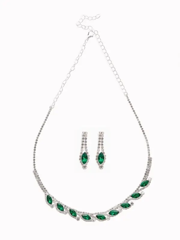 Набор 2 предмета: серьги, колье &laquo;Листопад&raquo;, утончённый ромб, цвет бело-изумрудный в серебре, 32 см