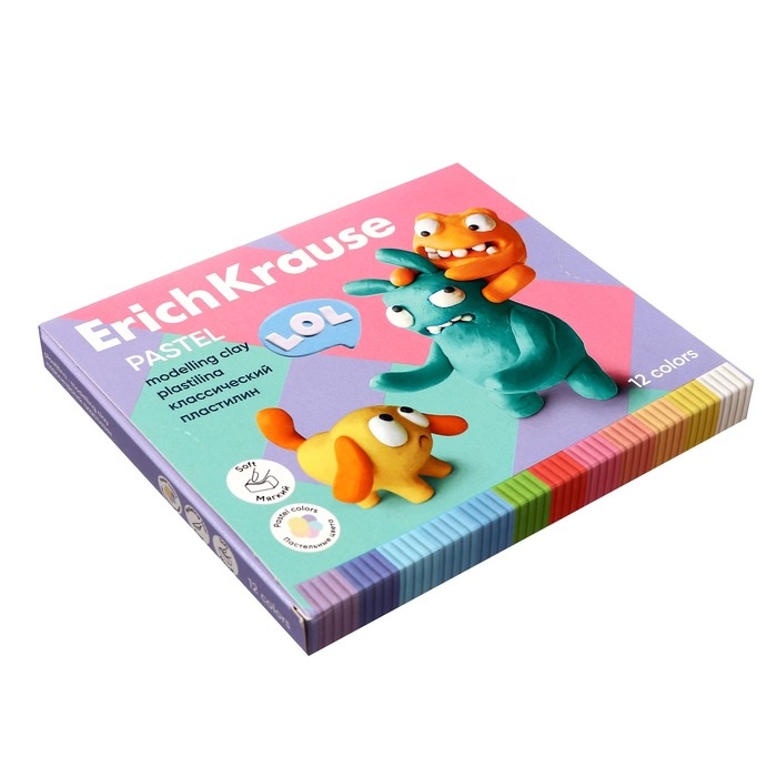 Пластилин 12 цветов, 216 г, ErichKrause Пластилин 12 цветов, 216 г, ErichKrause "Jolly Friends Pastel", со стеком, в картонной упаковке
