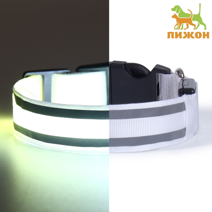 Ошейник с подсветкой Двойная полоса размер S, ОШ 35-43 х 2,5 см, 3 режима свечения белый Ошейник с подсветкой Двойная полоса размер S, ОШ 35-43 х 2,5 см, 3 режима свечения белый
