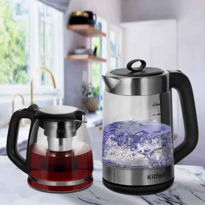 Чайный набор Kitfort КТ-6639, стекло, 1.8/1.2 л, 1500 Вт, чёрно-серебристый Чайный набор Kitfort КТ-6639, стекло, 1.8/1.2 л, 1500 Вт, чёрно-серебристый