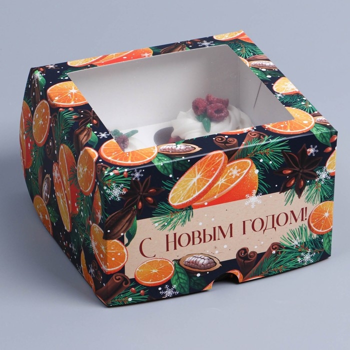 Коробка складная на 4 капкейков с окном «Пряности», 16 х 16 х 10 см, Новый год