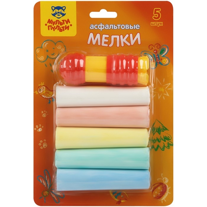 Мелки цветные 5 цветов для асфальта Мульти-Пульти, круглые, с держателем, в блистере Мелки цветные 5 цветов для асфальта Мульти-Пульти, круглые, с держателем, в блистере