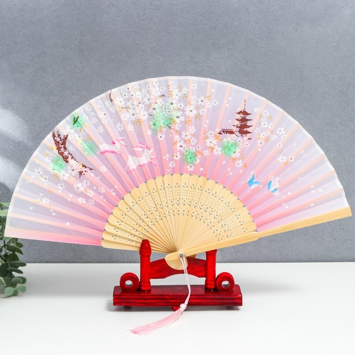 Веер дерево, текстиль h=21 см  Веер дерево, текстиль h=21 см "Зайчики у сакуры" розовый, с кисточкой