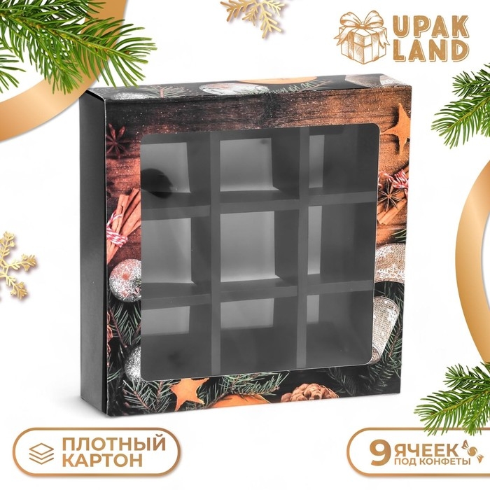 Новый год. Коробка под 9 конфет  Новый год. Коробка под 9 конфет "Мандарины", 13,7 х 13,7 х 3,5 см, кондитерская упаковка
