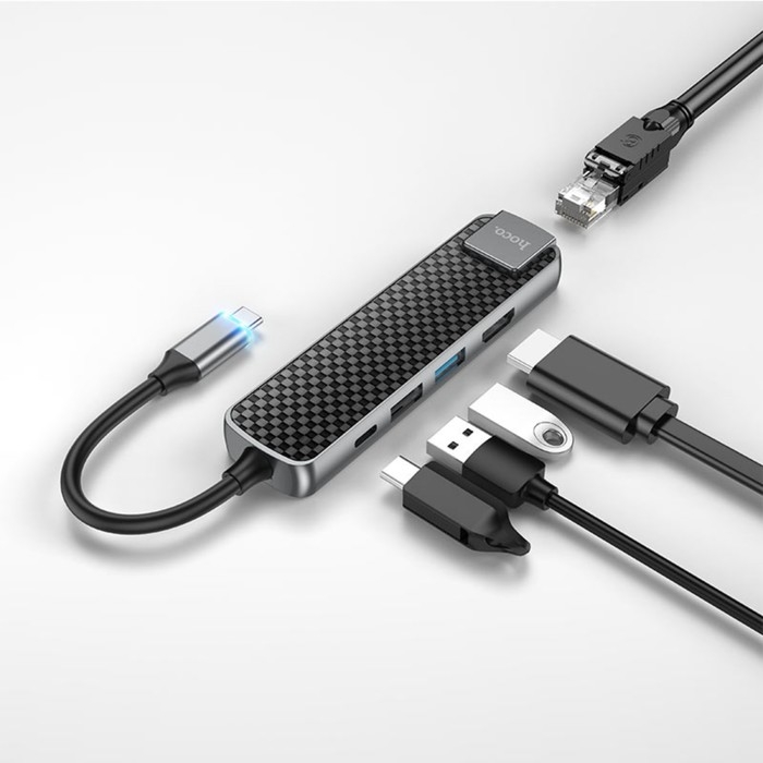 Адаптер Hoco HB23, HDMI/USB3.0/USB2.0/RJ45/PD, 60 ВТ, 3 А, длина кабеля 13.5 см, серый Адаптер Hoco HB23, HDMI/USB3.0/USB2.0/RJ45/PD, 60 ВТ, 3 А, длина кабеля 13.5 см, серый