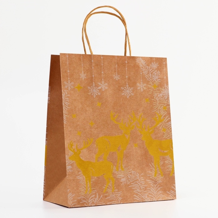 Пакет крафт с золотым тиснением, круглая ручка, Пакет крафт с золотым тиснением, круглая ручка, "Новый год" 33 х 25 х 12 см, 120 г