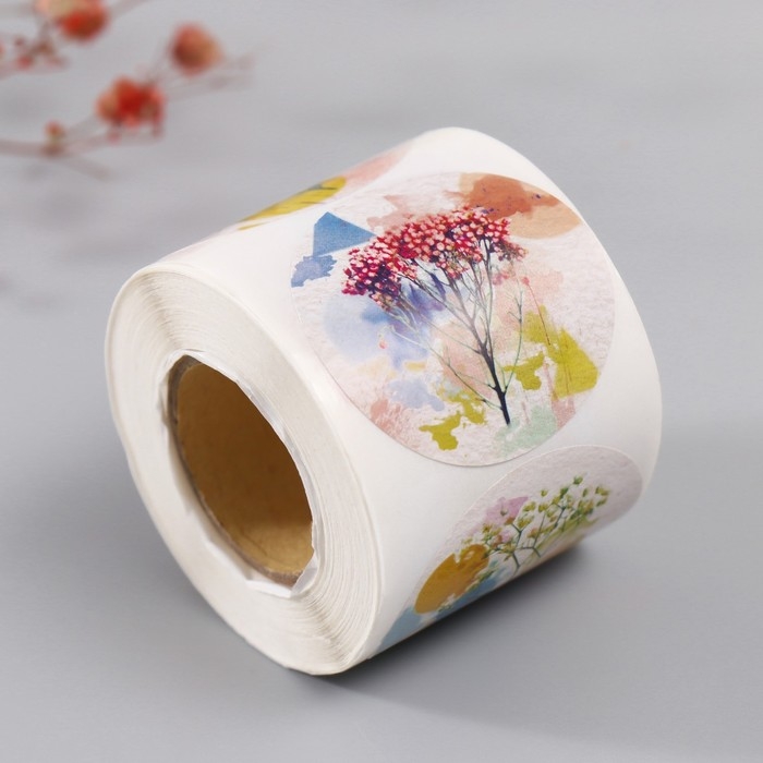 Наклейка бумага Наклейка бумага "Цветочная акварель" d=3,8 см 252 шт в рулоне