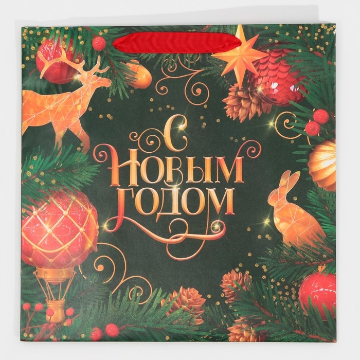 Пакет подарочный новогодний ламинированный квадратный «Gold», 30 х 30 х 12 см, Новый год Пакет подарочный новогодний ламинированный квадратный «Gold», 30 х 30 х 12 см, Новый год