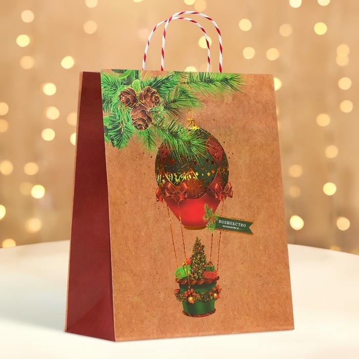 Новый год. Пакет бумажный подарочный новогодний крафт Новый год. Пакет бумажный подарочный новогодний крафт "Новогодний воздушный шар" 26 х 32 х 12 см.