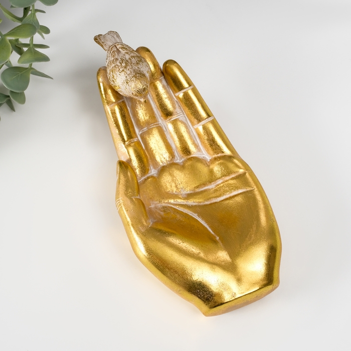 Подставка интерьерная полистоун "Птичка на ладони" золото 19,5х9,3х9,5 см