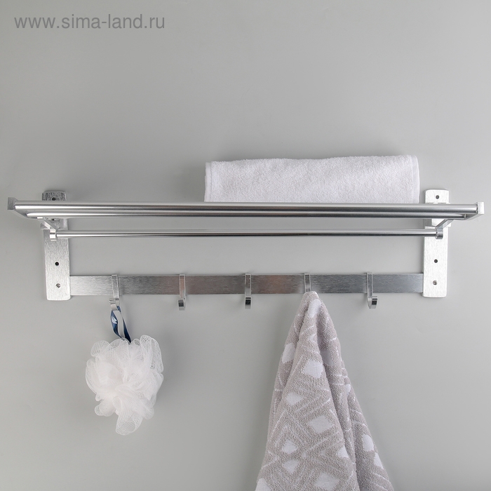 Полка откидная с держателем полотенец, 5 двигающихся крючков, 59,5×20,5×15 см, алюминий Полка откидная с держателем полотенец, 5 двигающихся крючков, 59,5×20,5×15 см, алюминий
