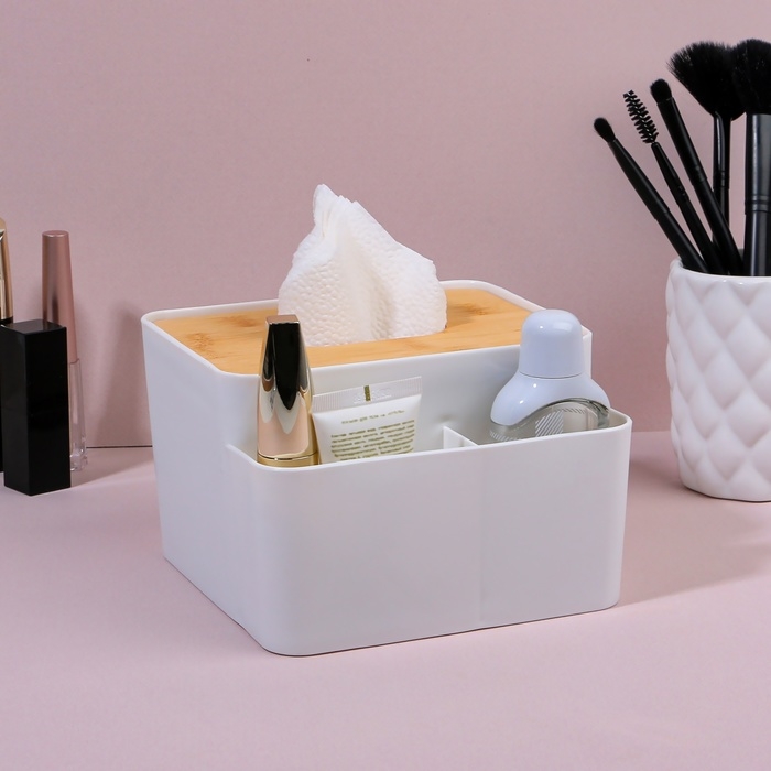 Органайзер для хранения «BAMBOO», с крышкой, 3 секции, 16 × 15 × 10 см, цвет белый/коричневый