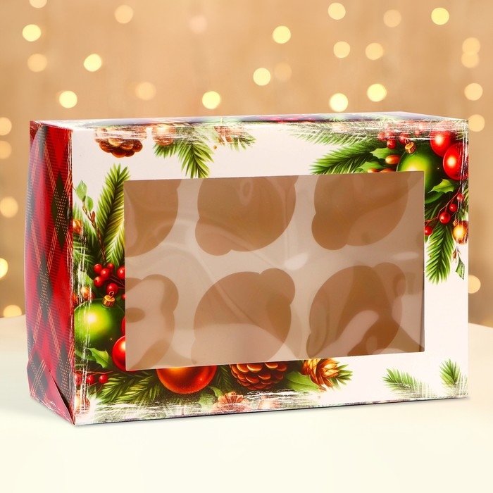 Новый год. Коробка для 6 капкейков с окном  Новый год. Коробка для 6 капкейков с окном "Новогодняя с шишками", 25 х 17 х 10 см, упаковка