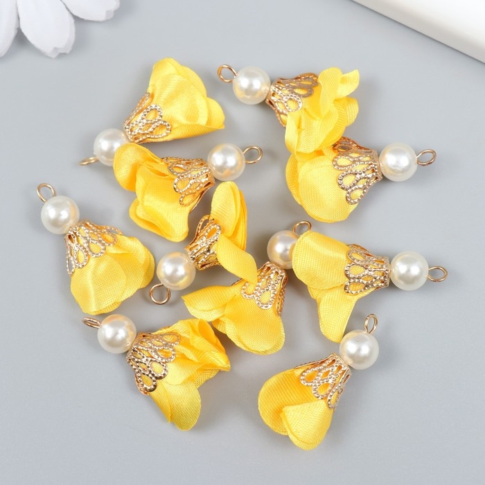 Декор для творчества текстиль Декор для творчества текстиль "Цветок с жемчужиной. Жёлтый" набор 10 шт 2,5 см