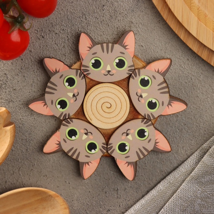 Подставка под горячее Подставка под горячее "Серый кот", D=12, можжевельник