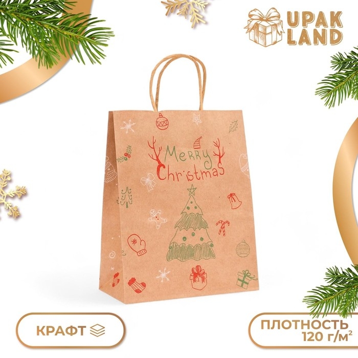 Новый год. Пакет бумажный подарочный новогодний крафт Новый год. Пакет бумажный подарочный новогодний крафт "Ёлка", 27 х 21 х 11 см.