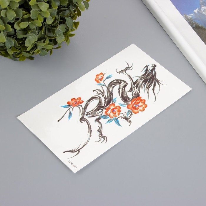 Татуировка на тело цветная  Татуировка на тело цветная "Дракон чернильный с оранжевыми цветами" 11,4х21 см
