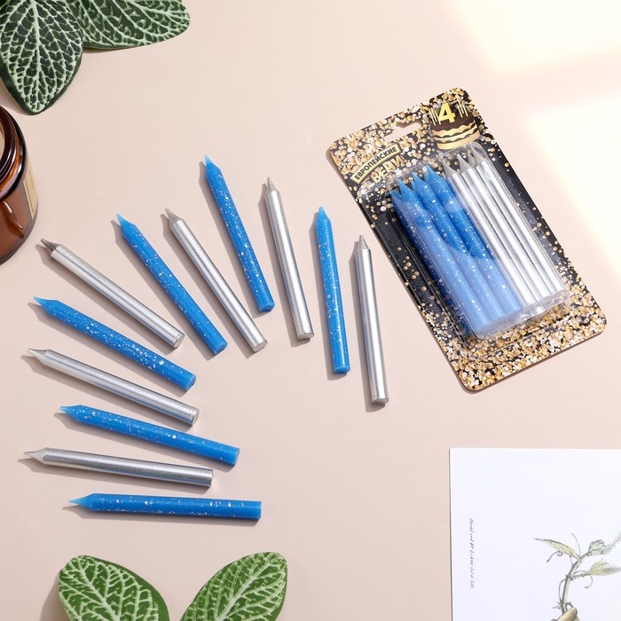 Набор свечей для торта  Набор свечей для торта "Спарк", 12 шт, 8 см, синий и серебряный металлик