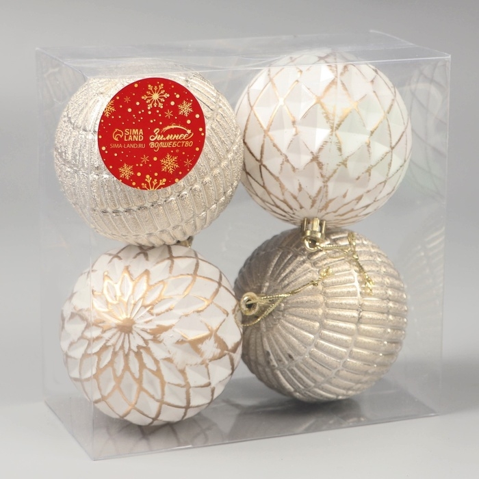 Набор шаров пластик d-8 см, 4 шт Набор шаров пластик d-8 см, 4 шт "Авива" сетка, золото