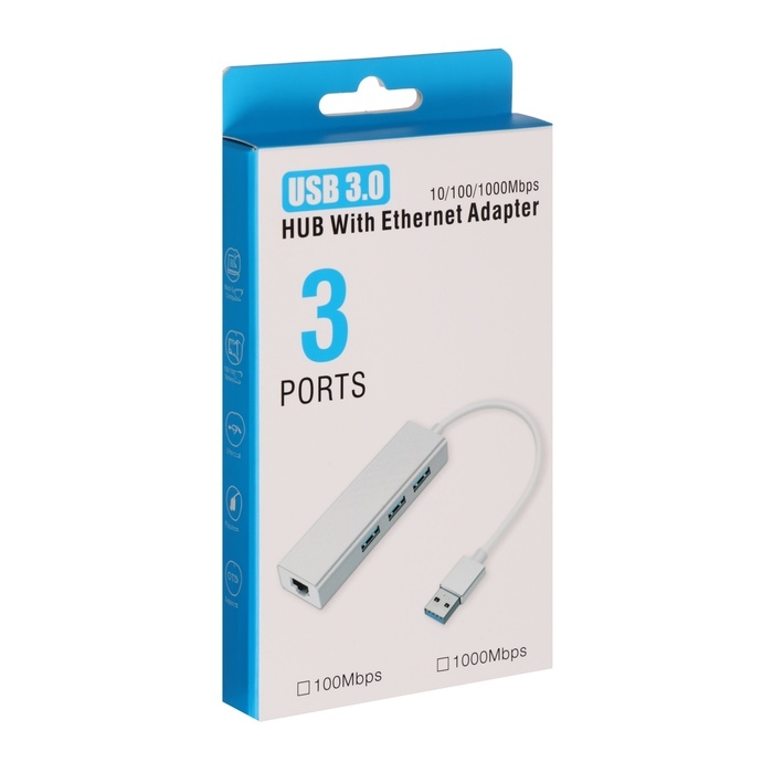 USB-разветвитель (HUB), 3 порта, порт Ethernet, кабель 10 см, серебристый USB-разветвитель (HUB), 3 порта, порт Ethernet, кабель 10 см, серебристый