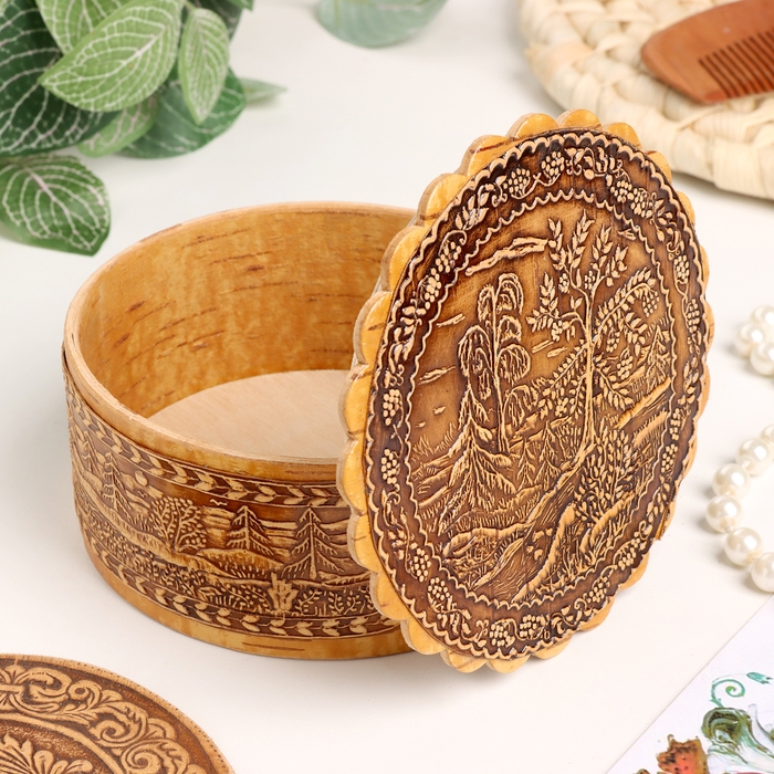 Шкатулка  Шкатулка "Пейзаж с деревом", 100 х 40 мм, береста