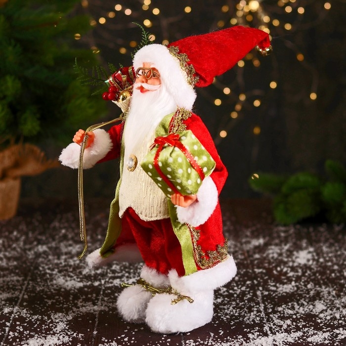 Дед Мороз Дед Мороз "В колпачке и с коробкой подарков в горошек" 30 см, красно-зелёный