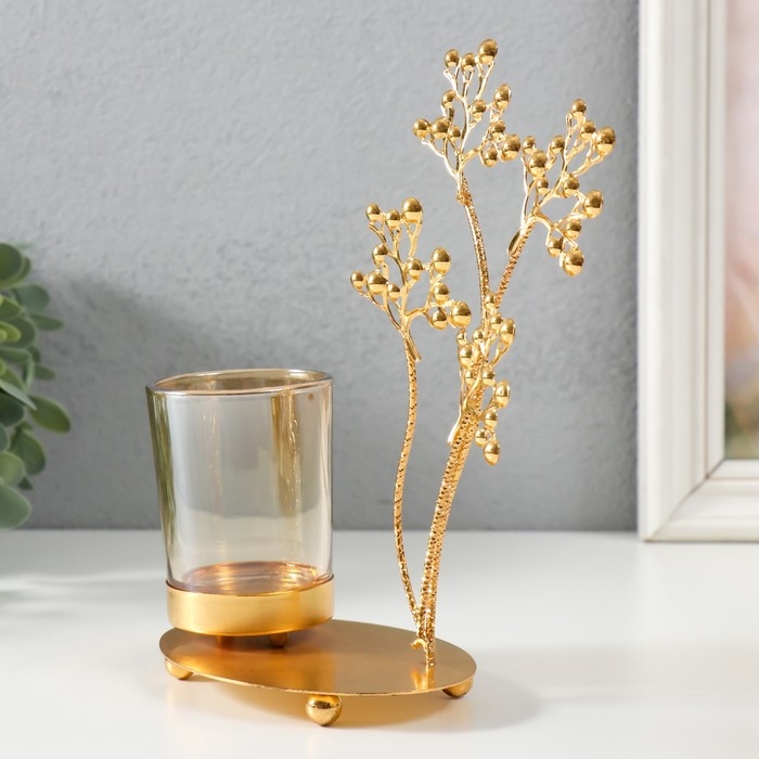 Подсвечник металл, стекло на 1 свечу Подсвечник металл, стекло на 1 свечу "Сухоцветы в золоте" d=4,7 см 11х8х19,2 см