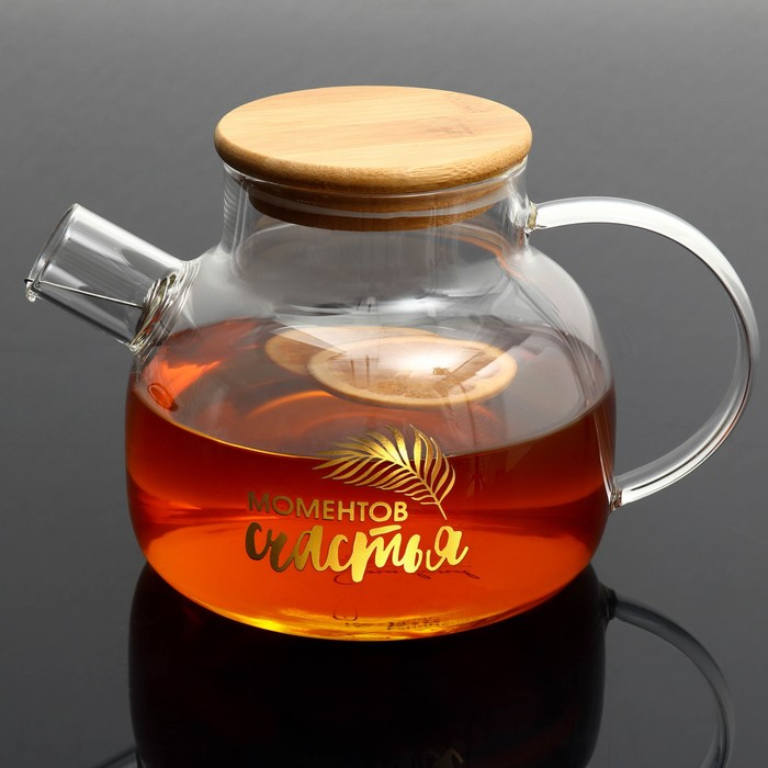 Чайник стеклянный заварочный с бамбуковой крышкой «Моментов счастья», 1000 мл Чайник стеклянный заварочный с бамбуковой крышкой «Моментов счастья», 1000 мл