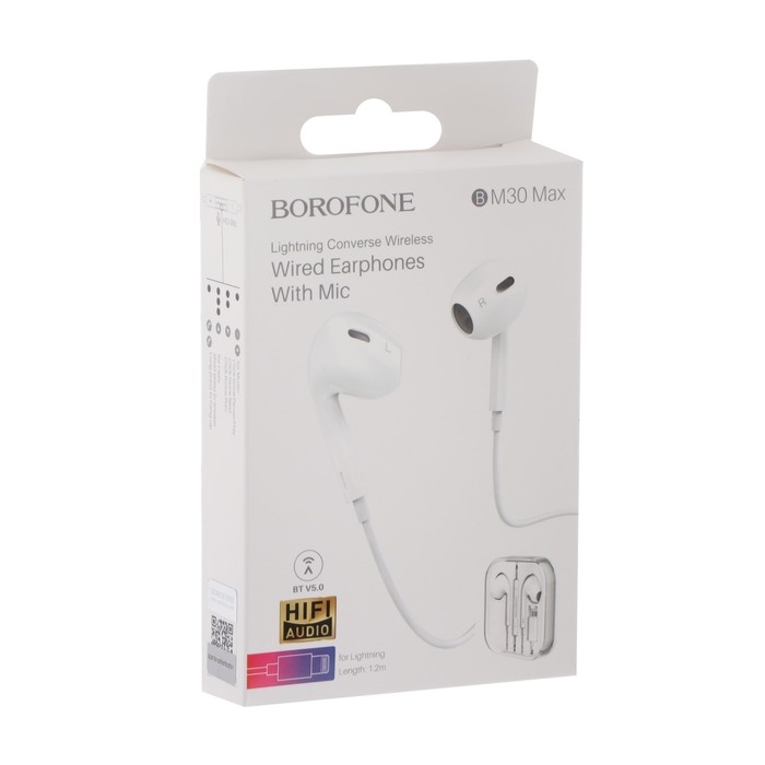 Наушники Borofone BM30 Max Acoustic, вкладыши, микрофон, Lightning, кабель 1.2 м, белые Наушники Borofone BM30 Max Acoustic, вкладыши, микрофон, Lightning, кабель 1.2 м, белые