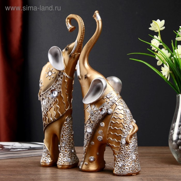 Сувенир полистоун Сувенир полистоун "Золотистые слоны с белыми стразами" набор 2 шт 28,5х21х8,3 см