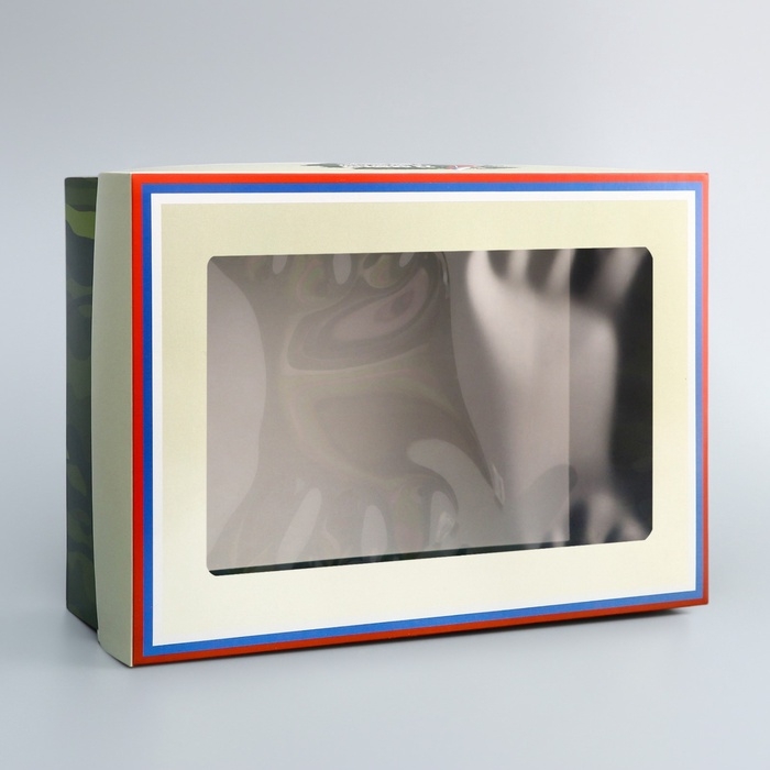 Коробка складная, крышка-дно, Коробка складная, крышка-дно, "23 Февраля", 24 х 17 х 8 см с окном