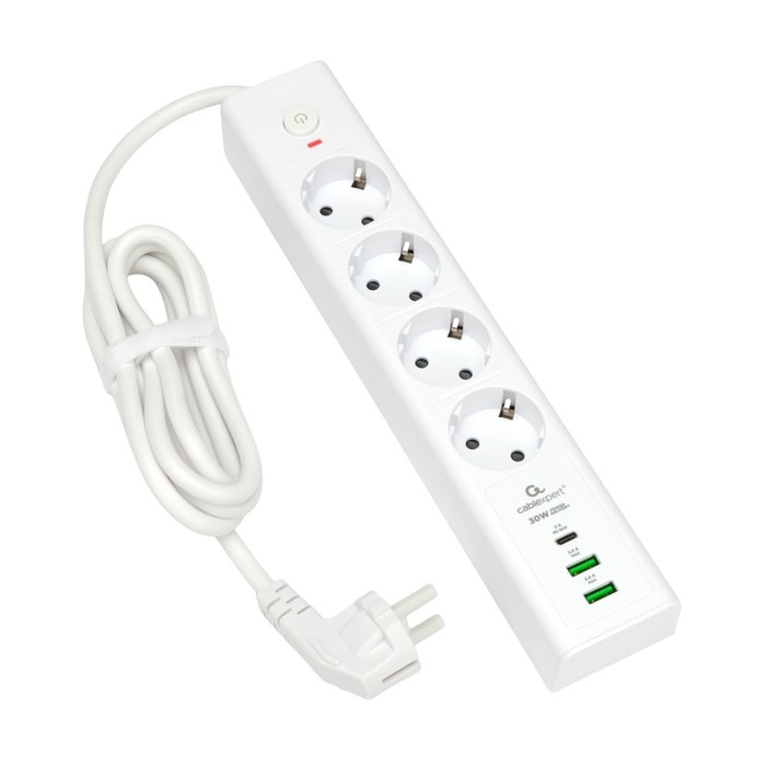 Сетевой фильтр Cablexpert Exnovo EXN-4-CU2-W-2,4р,16А,1xType-C PD,30Вт,2хUSB,2м, ур.защ.4+