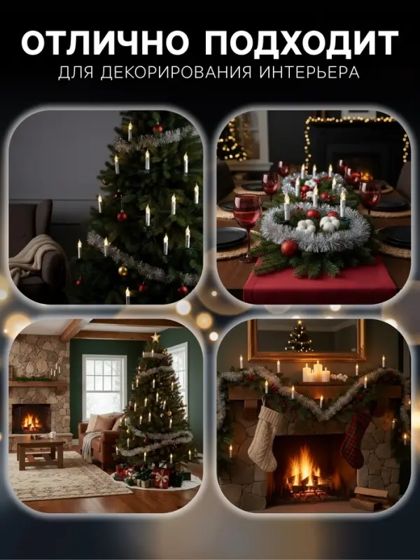 Гирлянда &laquo;Нить&raquo; 10 м с насадками &laquo;Свечи на прищепке&raquo;, IP20, тёмная нить, 50 LED, свечение тёплое белое, 220 В