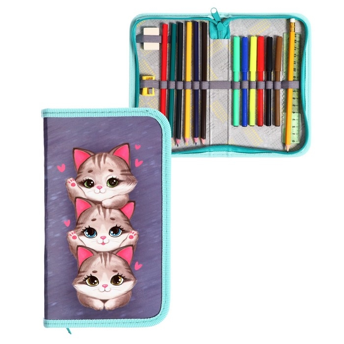 Пенал 1 секция, 115 х 205 мм, с наполнением 16 предметов, Calligrata Пенал 1 секция, 115 х 205 мм, с наполнением 16 предметов, Calligrata "Котики" ламинированный картон, 30П26/set