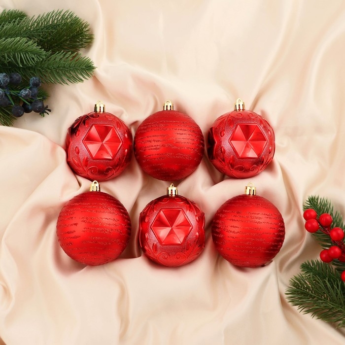 Набор шаров пластик d-8 см, 6 шт Набор шаров пластик d-8 см, 6 шт "Сказка" красный