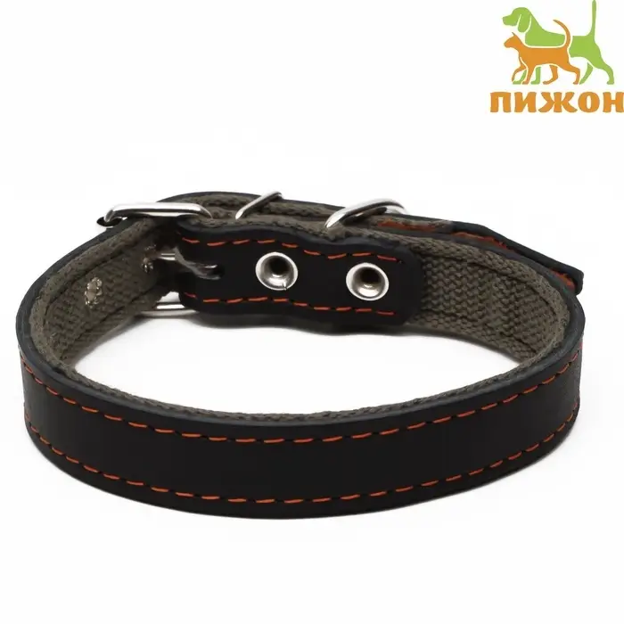 Ошейник комбинированный, 53&times;2.5 см, ОШ 35-45 см, кожа, брезент, чёрный