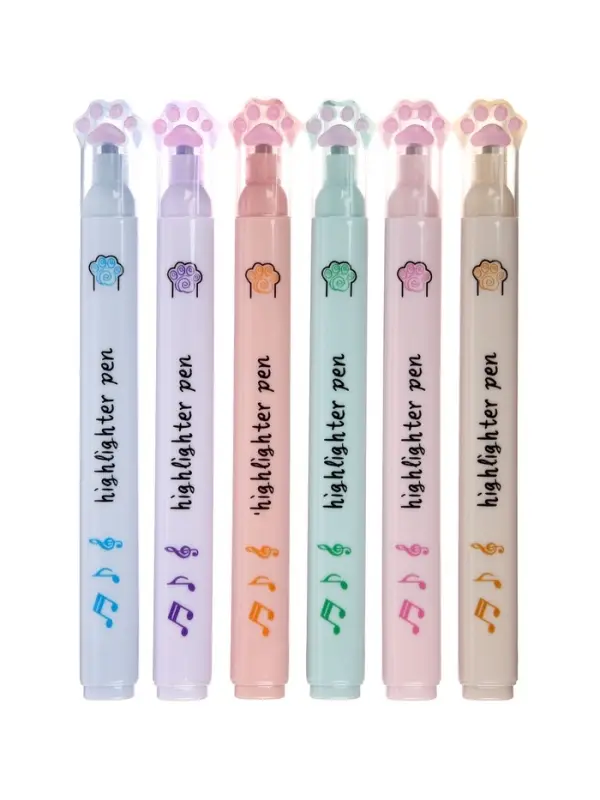 Набор маркеров-текстовыделителей &laquo;Лапки с нотами&raquo;, 6 цветов, скошенный наконечник, узел 5 мм